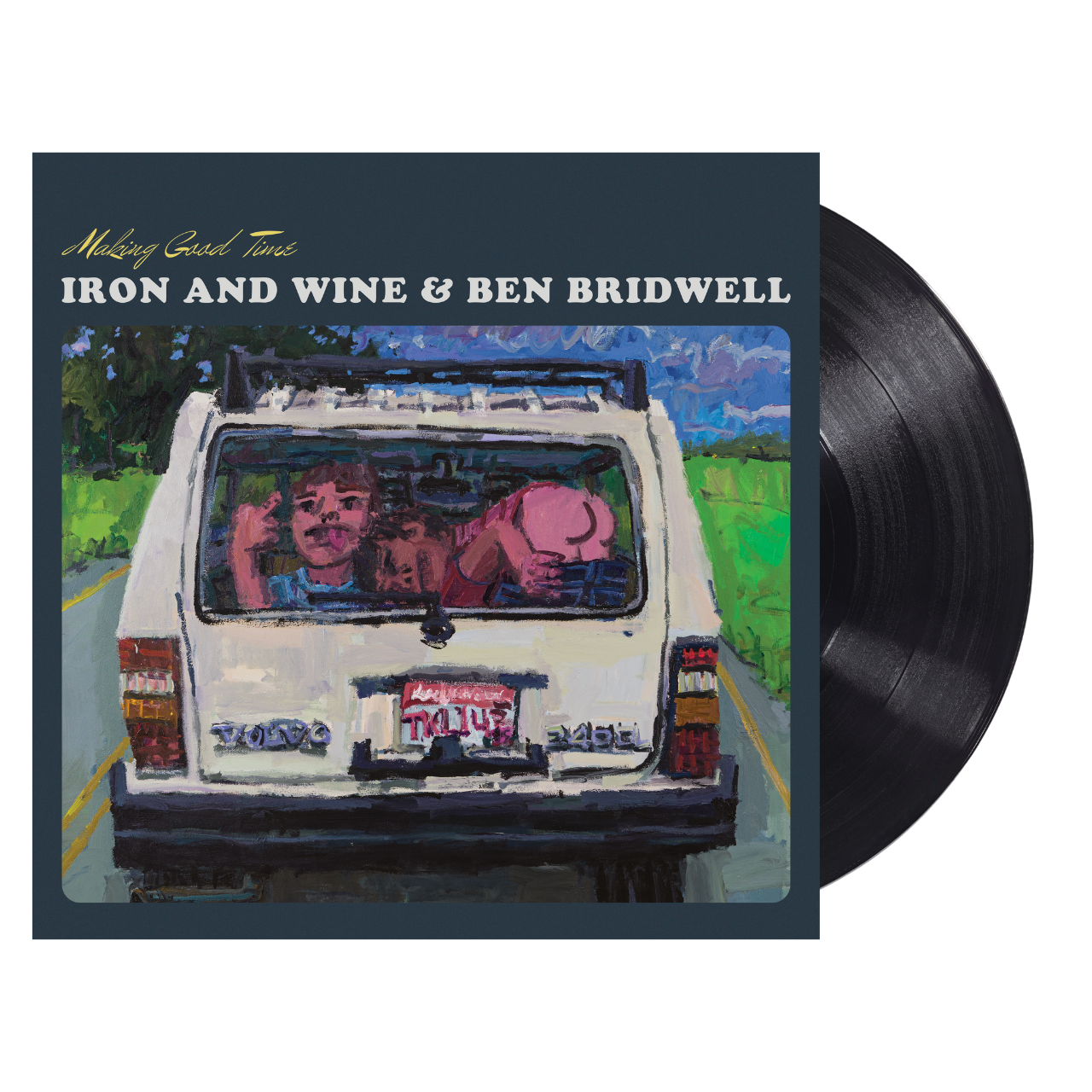 Vinyl record with cover featuring a car and two people, titled 'Melting Coral Tones' by Iron and Wine & Ben Bridwell.