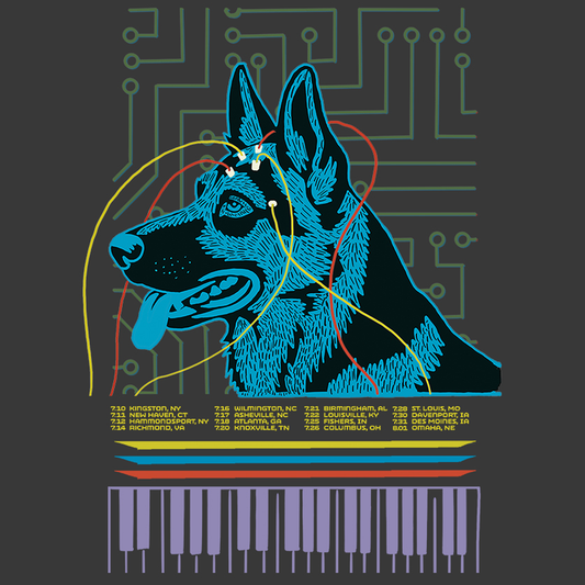 Artistic depiction of a dog with circuit board and piano keys design on a dark background