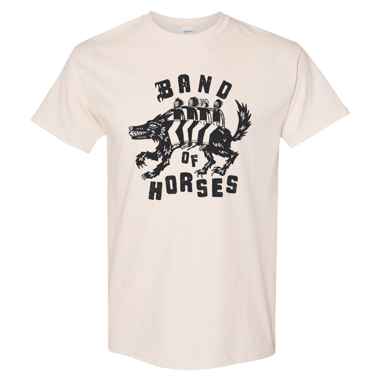 Beige t-shirt with 'Band of Horses' graphic design on a white background