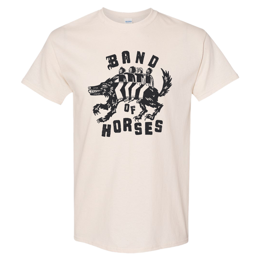 Beige t-shirt with 'Band of Horses' graphic design on a white background