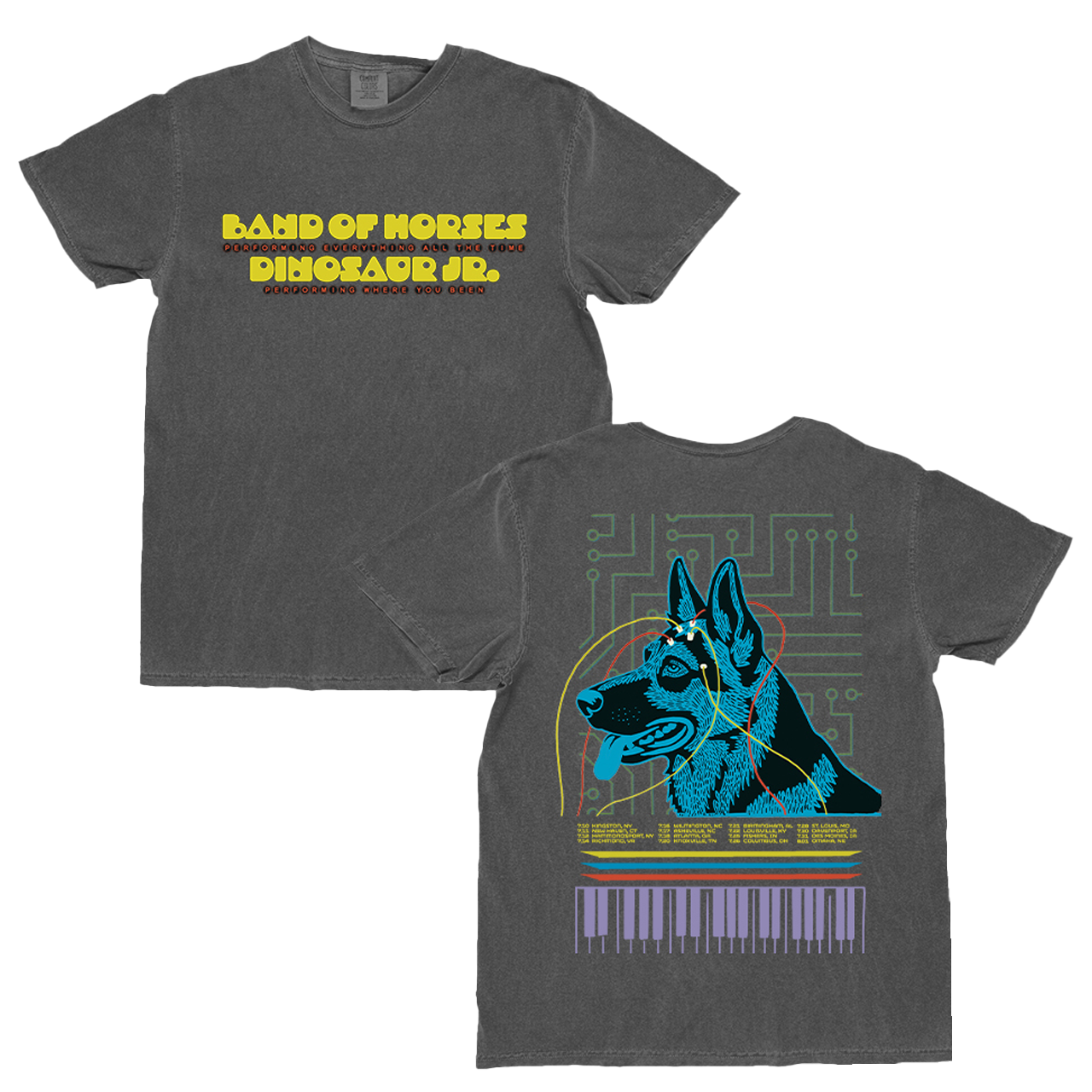 Gray t-shirt with 'Band of Horses' and 'Dinosaur Jr.' text on front, dog graphic on back