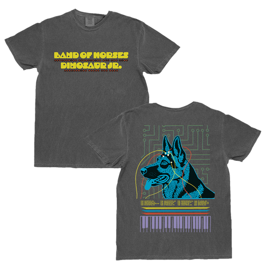 Gray t-shirt with 'Band of Horses' and 'Dinosaur Jr.' text on front, dog graphic on back